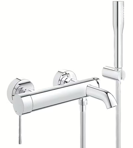Chromo spalvos sieninė vonios maišytuvas Grohe Essence New su dušo komplektu