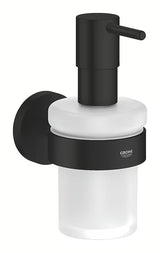 Skysto muilo Dozatorius Grohe Essentials juodos matinės spalvos su stikline talpa ir metaliniu laikikliu
