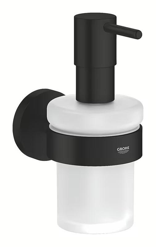 Skysto muilo Dozatorius Grohe Essentials juodos matinės spalvos su stikline talpa ir metaliniu laikikliu