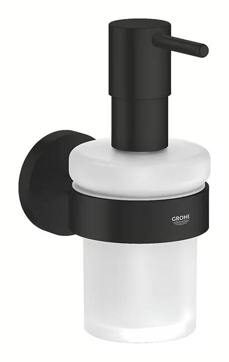 Skysto muilo Dozatorius Grohe Essentials juodos matinės spalvos su stikline talpa ir metaliniu laikikliu