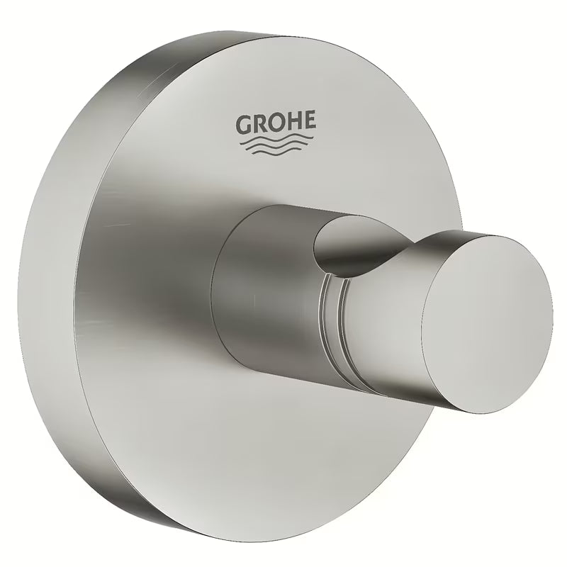 Kabliukas chalatui Grohe Essentials, supersteel spalvos, su paslėptu tvirtinimu ant apvalios pagrindo plokštelės.
