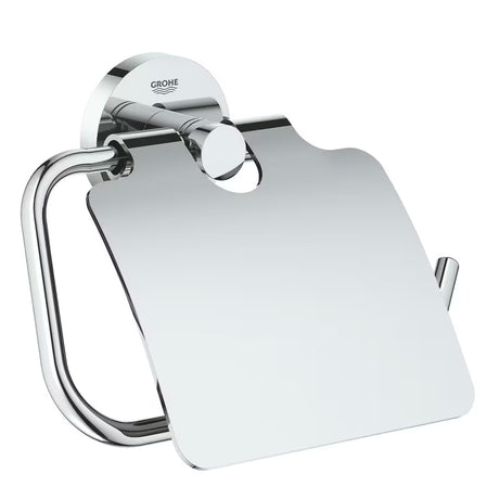 Chromuotas tualetinio popieriaus laikiklis Grohe Essentials su dangteliu ir su paslėptu tvirtinimu prie sienos.
