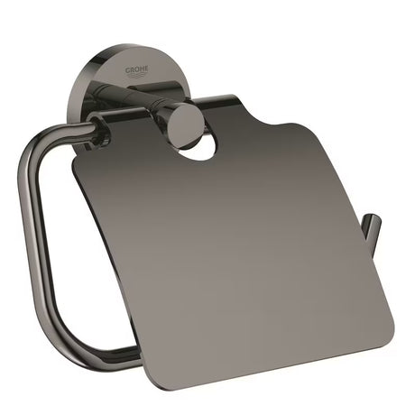 Tualetinio popieriaus laikiklis Grohe Essentials su dangteliu, hard graphite apdailos, su paslėptu tvirtinimu.