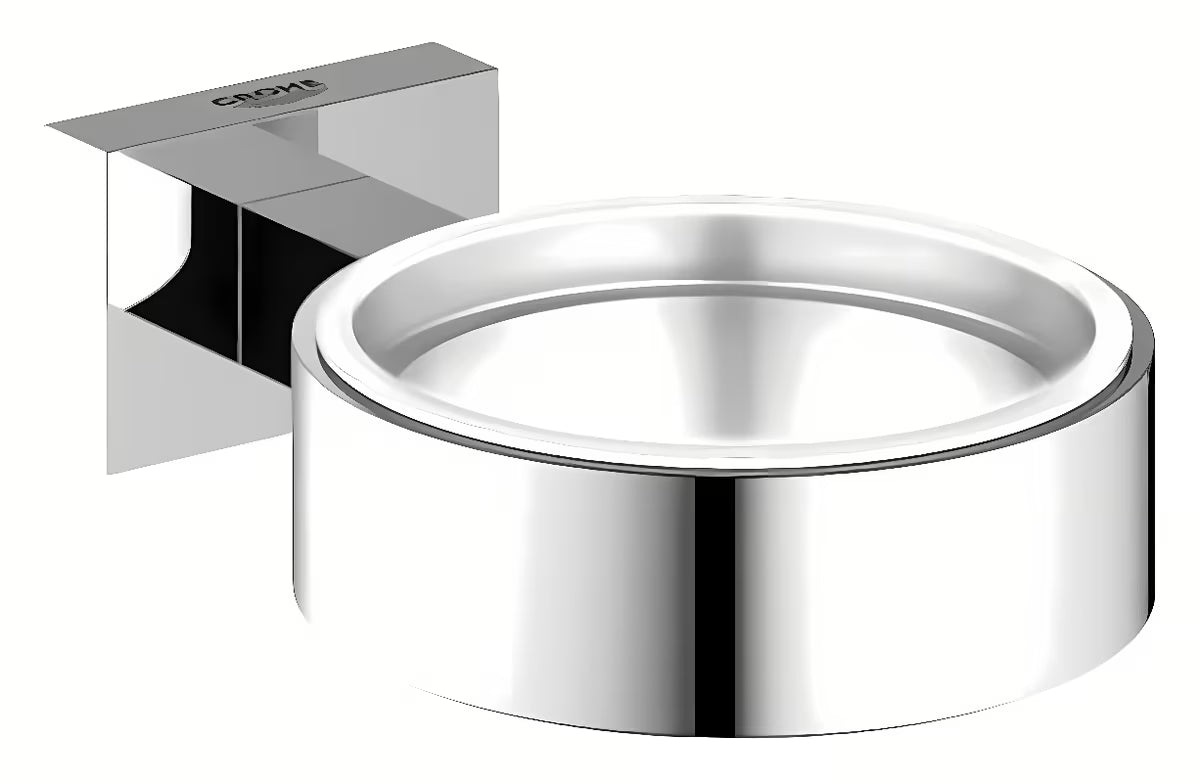 Chromo spalvos sieninis laikiklis Grohe Essentials Cube pro stiklinei, muilinei arba dozatoriui, su paslėptu tvirtinimu.