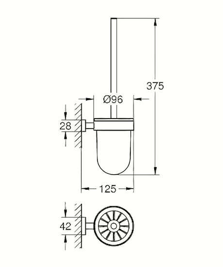 Sieninė WC šepetys Grohe Essentials Cube, chromo apdaila, su stikliniu indu ir paslėptu tvirtinimu