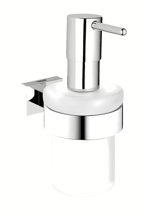 Sieninis skysto muilo dozatorius Grohe Essentials Cube, chromo apdaila, su stikliniu indu.