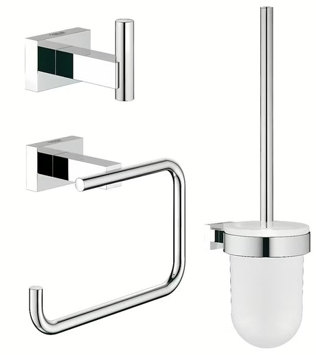 Chromuota aksesuarų rinkinys Grohe Essentials Cube su kabliuku, tualetinio popieriaus laikikliu ir KLOZETAS šepečiu