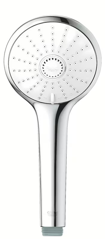 Rankinis dušas Grohe Euphoria 110 Massage, chromo spalvos, su baltu dušo disku ir trimis srovės režimais.