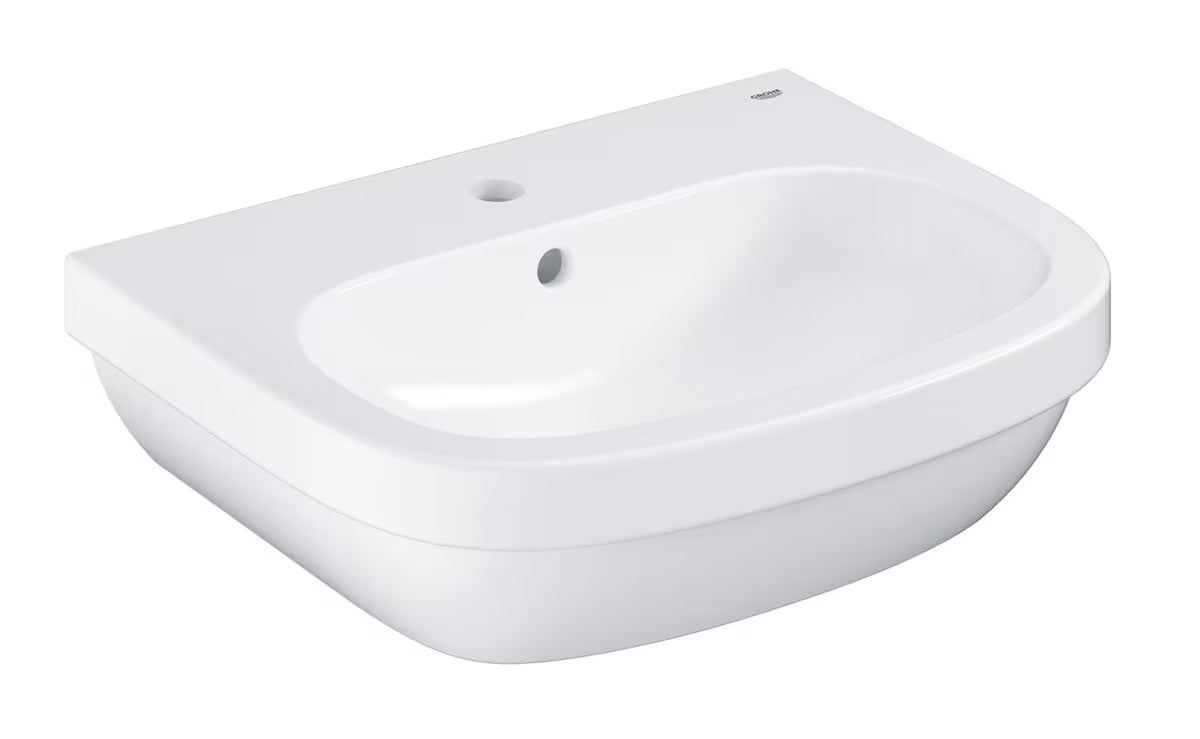 Pakabinamas praustuvas Grohe Euro Ceramic 55 iš baltos keramikos su persipylimo anga ir anga pro maišytuvui