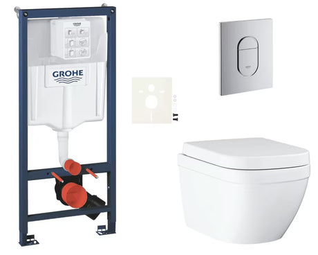 Pakabinami WC komplektas Grohe Euro Ceramic su montavimo moduliu Rapid SL, mygtuku Arena Cosmopolitan ir sėdyne softclose.