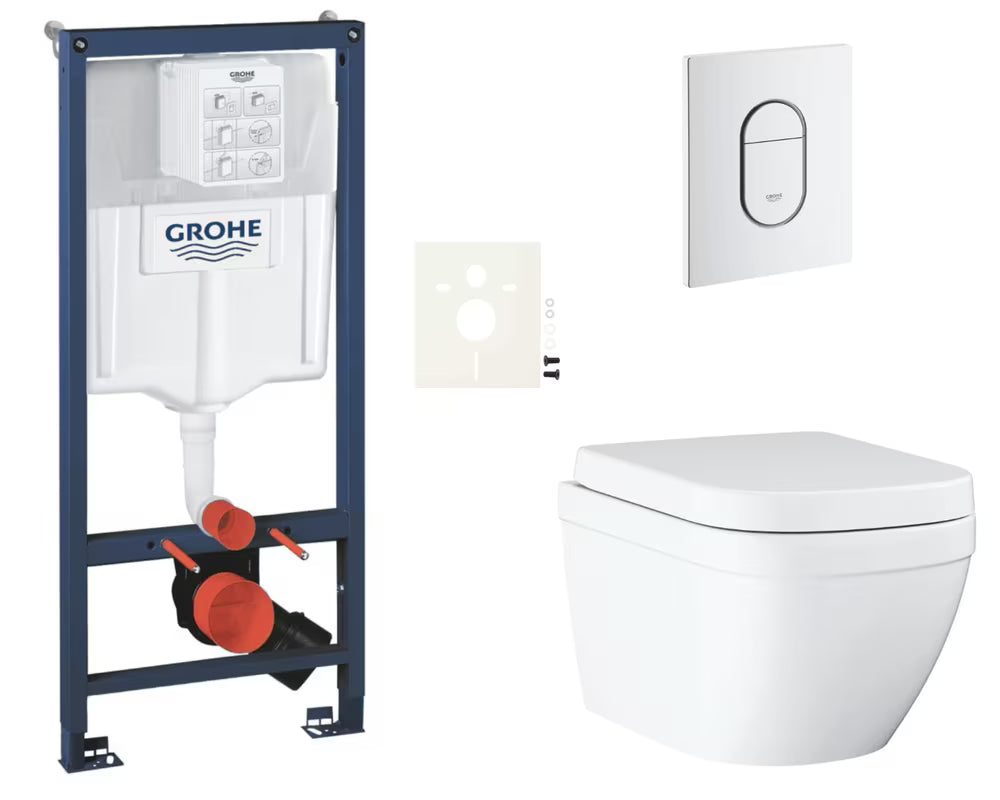 Pakabinami WC komplektas Grohe Euro Ceramic su montavimo sistema Rapid SL, mygtuku Arena Cosmopolitan ir sėdyne softclose