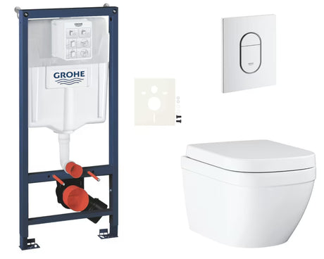 Pakabinami WC komplektas Grohe Euro Ceramic su montavimo sistema Rapid SL, mygtuku Arena Cosmopolitan ir sėdyne softclose