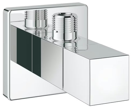 Chromuotas kampinis ventilis Grohe Eurocube su metaliniu čiaupu ir metaline rozete pro montavimui prie sienos.