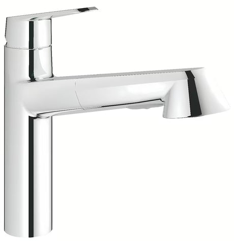 Chromuota virtuvinis maišytuvas Grohe Eurodisc Cosmopolitan su ištraukiamu dušeliu ir pasukamu snapu