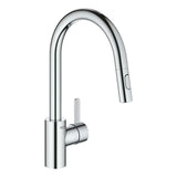 Chromo spalvos virtuvinis maišytuvas Grohe Eurosmart Cosmopolitan su aukštu pasukamu snapu ir ištraukiama dušo galvute
