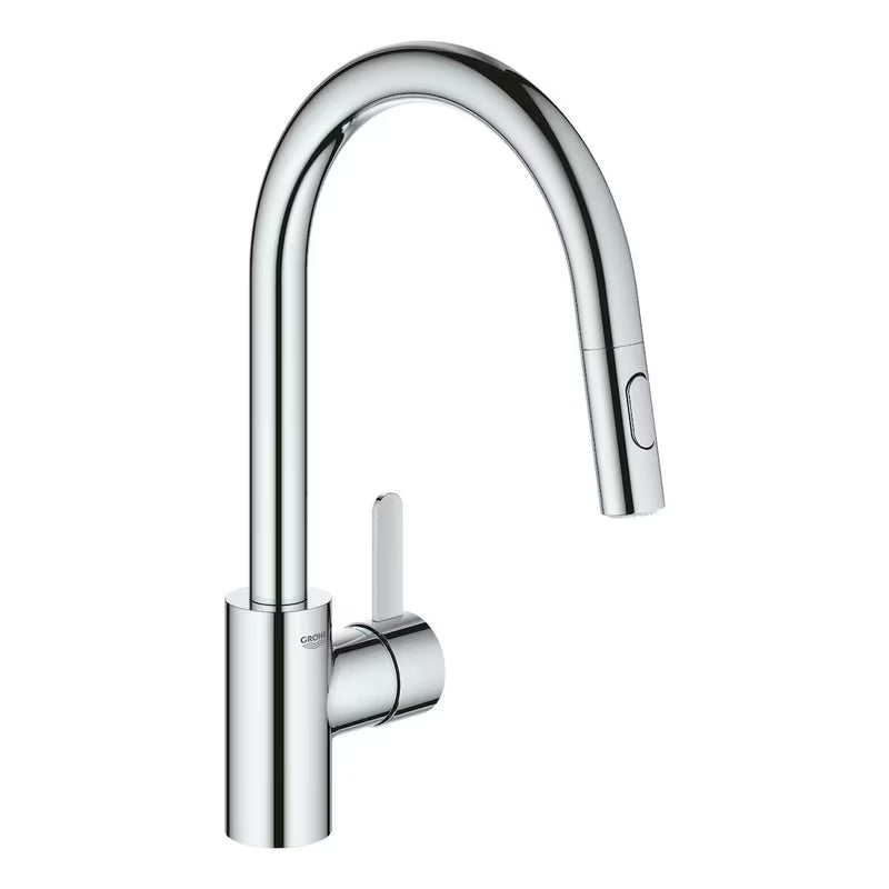 Chromo spalvos virtuvinis maišytuvas Grohe Eurosmart Cosmopolitan su aukštu pasukamu snapu ir ištraukiama dušo galvute