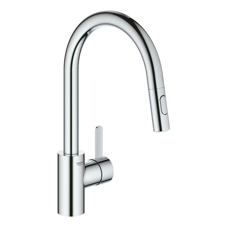 Chromo spalvos virtuvinis maišytuvas Grohe Eurosmart Cosmopolitan su aukštu pasukamu snapu ir ištraukiama dušo galvute