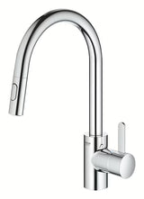 Chromo spalvos virtuvinis maišytuvas Grohe Eurosmart Cosmopolitan su aukštu pasukamu snapu ir ištraukiama dušo galvute