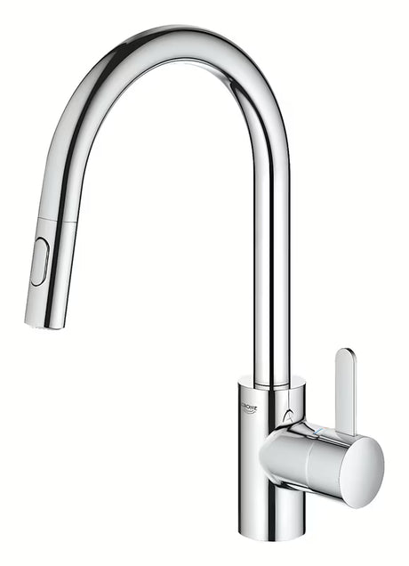Chromo spalvos virtuvinis maišytuvas Grohe Eurosmart Cosmopolitan su aukštu pasukamu snapu ir ištraukiama dušo galvute