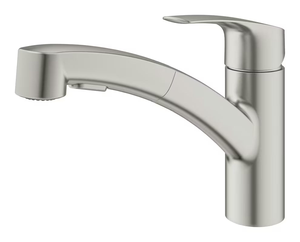 Svirtinis stovintis virtuvinis maišytuvas Grohe Eurosmart New supersteel spalvos su pasukamu snapu.