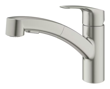 Svirtinis stovintis virtuvinis maišytuvas Grohe Eurosmart New supersteel spalvos su pasukamu snapu.