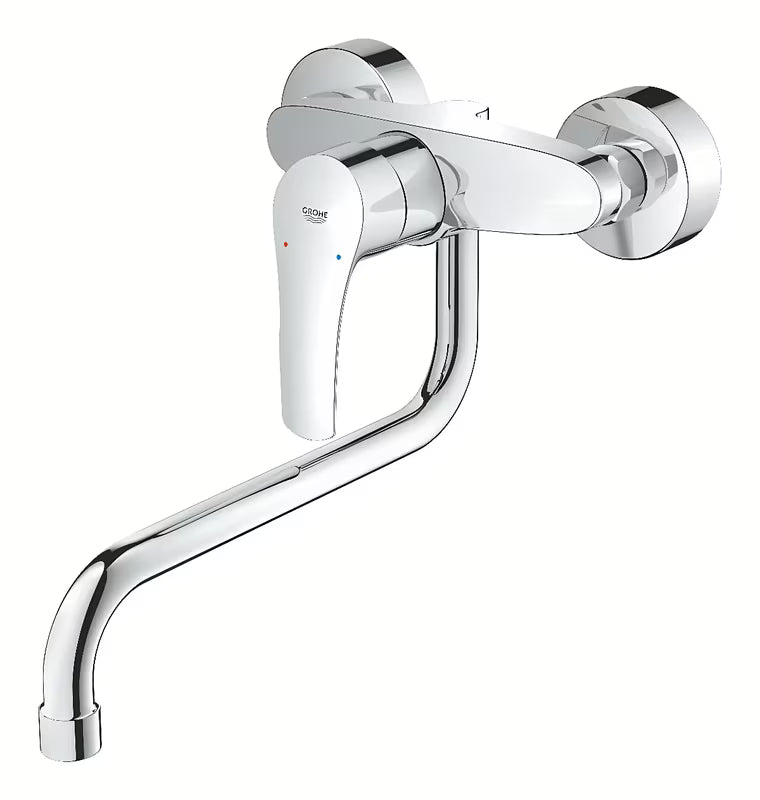 Chromo spalvos sieninė virtuvinis maišytuvas Grohe Eurosmart New su svirtiniu valdymu ir pasukamu snapu.