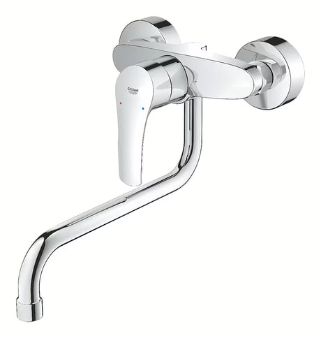 Chromo spalvos sieninė virtuvinis maišytuvas Grohe Eurosmart New su svirtiniu valdymu ir pasukamu snapu.