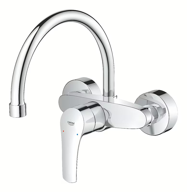 Grohe Eurosmart New svirtinis sieninė virtuvinis maišytuvas chromo spalvos su pasukamu snapu.