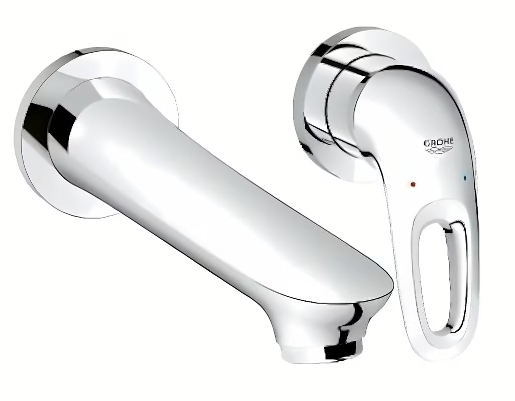 Chromuota potinkinė praustuvo maišytuvas Grohe Eurostyle New pro dviejų angų montavimui prie sienos.