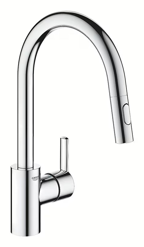 Chromo spalvos virtuvinis maišytuvas Grohe Feel su aukštu pasukamu snapu ir ištraukiama dušo galvute