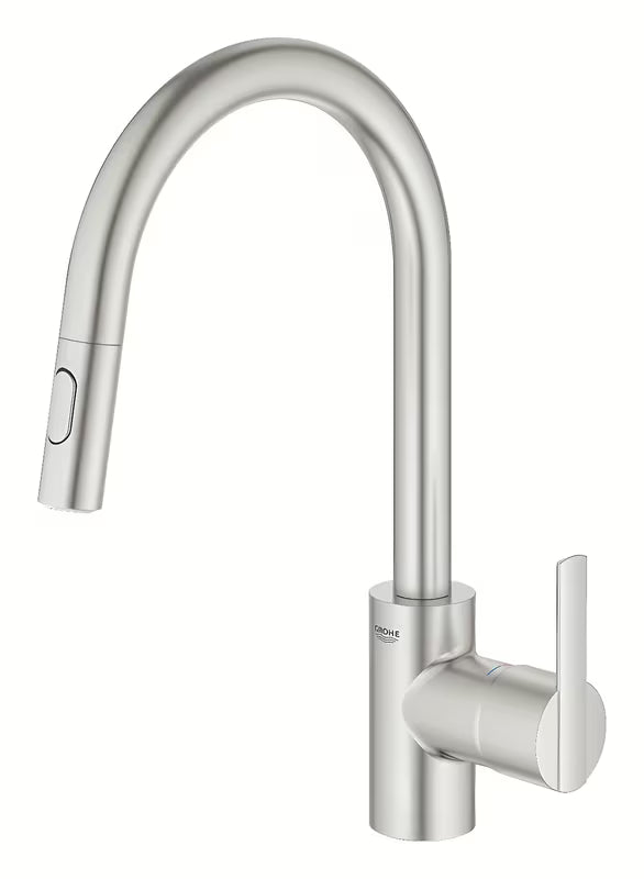 Virtuvinis maišytuvas Grohe Feel, apdaila supersteel, su aukštu pasukamu snapu ir ištraukiama dušo galvute