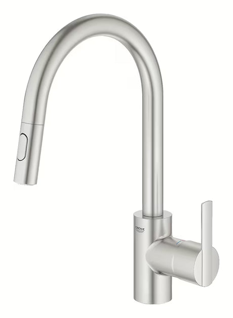 Virtuvinis maišytuvas Grohe Feel, apdaila supersteel, su aukštu pasukamu snapu ir ištraukiama dušo galvute