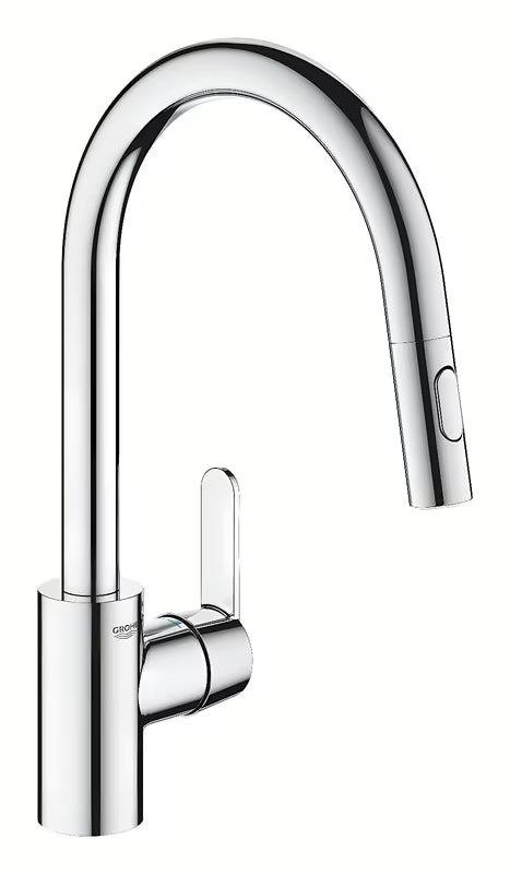 Chromuotas virtuvinis maišytuvas Grohe Get su svirtiniu valdymu ir ištraukiama dušo galvute su dviem srovės režimais.