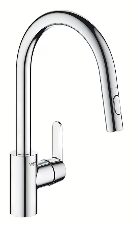 Chromuotas virtuvinis maišytuvas Grohe Get su svirtiniu valdymu ir ištraukiama dušo galvute su dviem srovės režimais.
