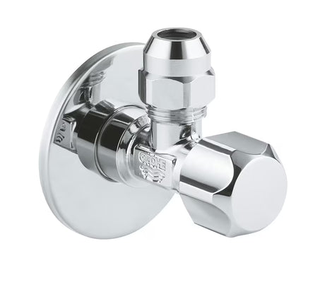 Kampinis ventilis Grohe DN 15, chrome apdailos, su ergonomiška rankenėle ir metaline rozete.