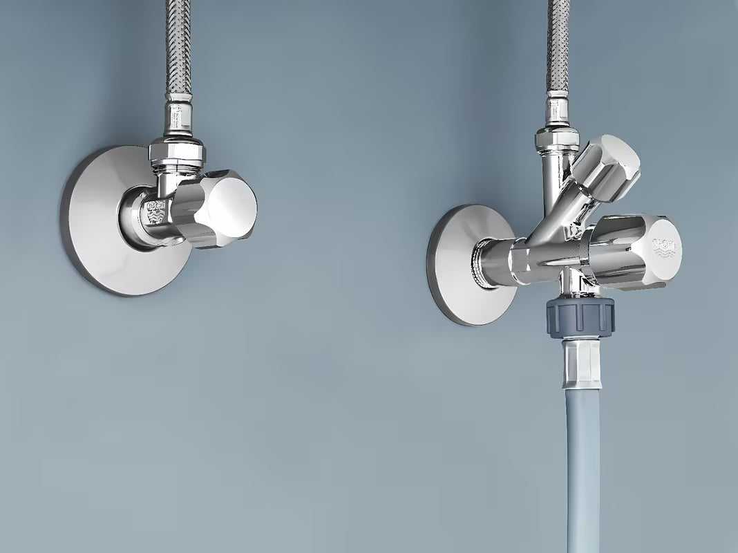 Kampinis ventilis Grohe pro montavimui ant sienos su atbuliniu vožtuvu ir metaline rozete.