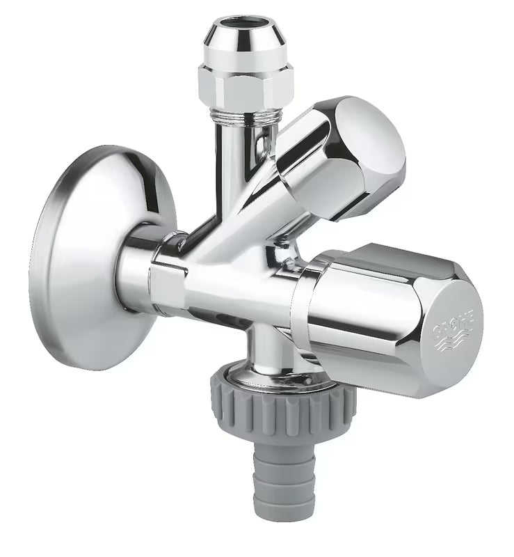 Kombi kampinis ventilis Grohe pro montavimui ant sienos su ilgio kompensavimu ir metaline rozete.