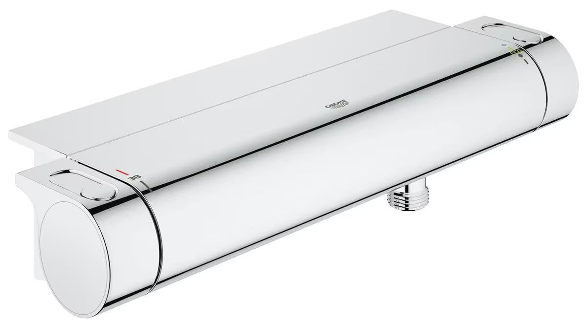 Chromo spalvos termostatinė dušo maišytuvas Grohe Grohtherm 2000 su lentynėle EasyReach pro patogiam valdymui.