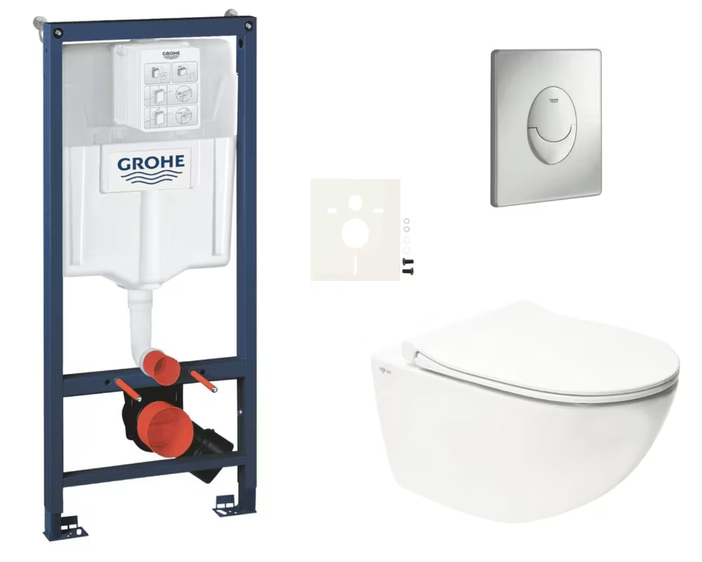 Pakabinami WC komplektas SAT Infinitio baltos spalvos su montavimo sistema Grohe Rapid SL ir mygtuku Skate Air