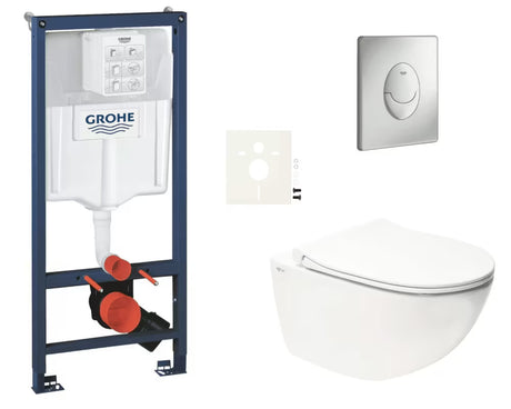 Pakabinami WC komplektas SAT Infinitio baltos spalvos su montavimo sistema Grohe Rapid SL ir mygtuku Skate Air