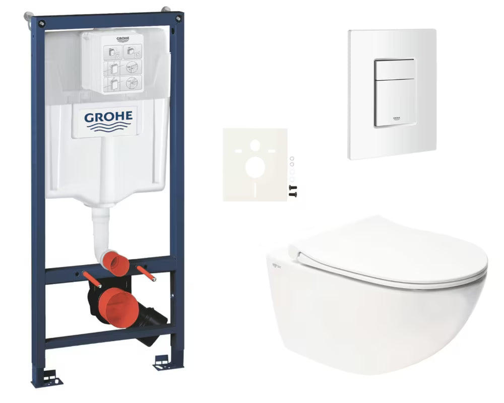 Pakabinami WC komplektas SAT Infinitio su montavimo sistema Grohe Rapid SL, mygtuku Skate Cosmopolitan ir sėdyne softclose