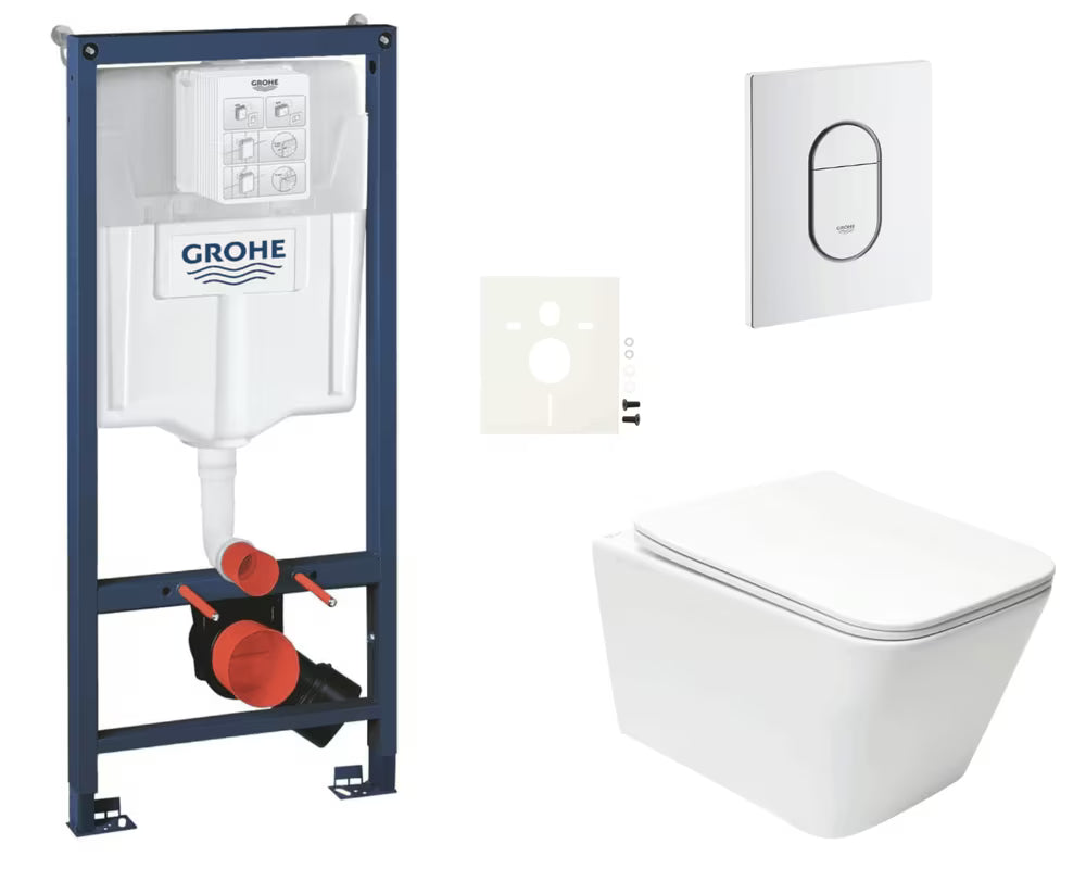 Pakabinami WC komplektas SAT Infinitio su montavimo sistema Grohe Rapid SL ir valdymo mygtuku Arena Cosmopolitan