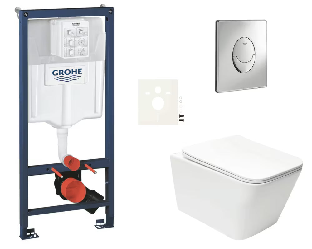 Pakabinami WC komplektas SAT Infinitio su montavimo moduliu Grohe Rapid SL, mygtuku Skate Air ir lėtai nusileidžiančia sėdyne