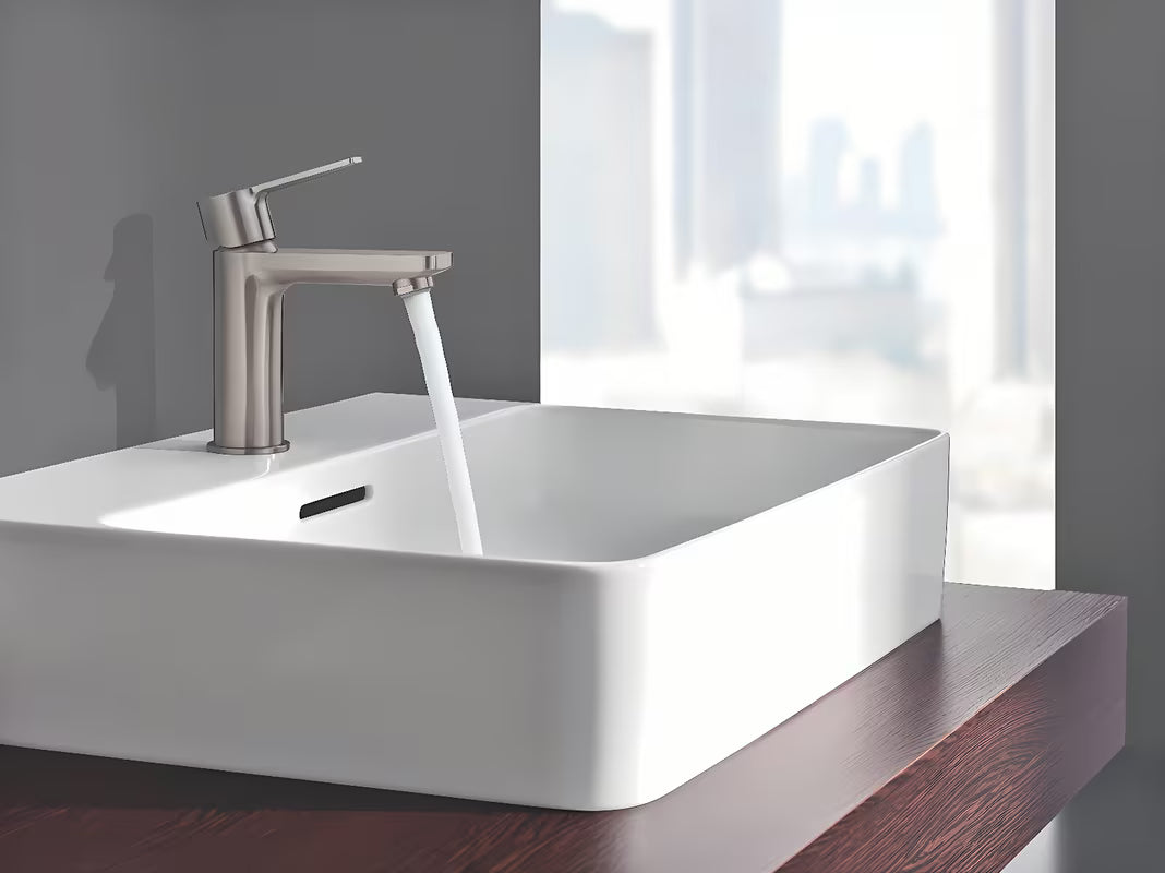 Praustuvo svirtinis maišytuvas Grohe Lineare, apdaila supersteel su click-clack, su trumpu snapu