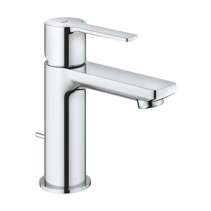 Chromuotas svirtinis praustuvo maišytuvas Grohe Lineare su trumpu snapu ir nuotako komplektu.