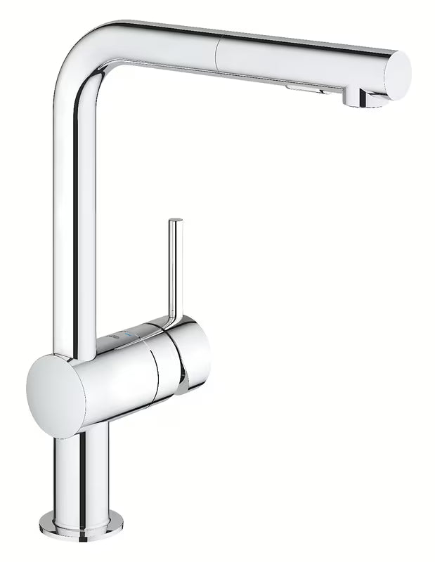 Chromo spalvos virtuvinis maišytuvas Grohe Minta su aukštu L formos snapu ir ištraukiama dušo galvute