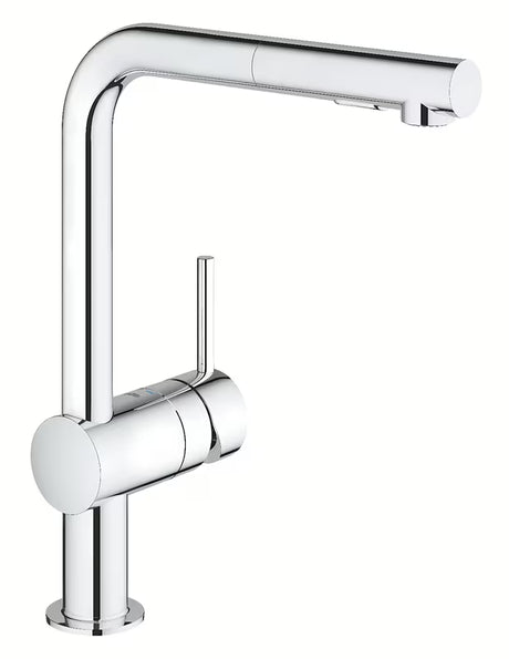 Chromo spalvos virtuvinis maišytuvas Grohe Minta su aukštu L formos snapu ir ištraukiama dušo galvute