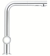Chromo spalvos virtuvinis maišytuvas Grohe Minta su aukštu L formos snapu ir ištraukiama dušo galvute
