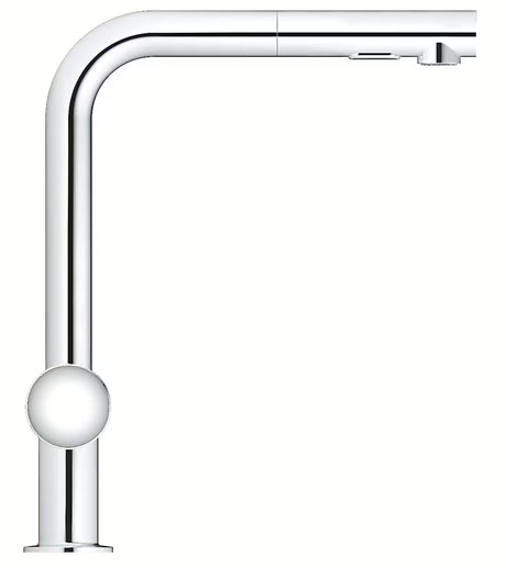 Chromo spalvos virtuvinis maišytuvas Grohe Minta su aukštu L formos snapu ir ištraukiama dušo galvute