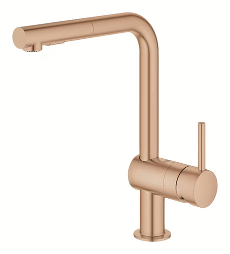 Grohe Minta svirtinis virtuvinis maišytuvas warm sunset su pasukamu L formos snapu ir ištraukiama žarna